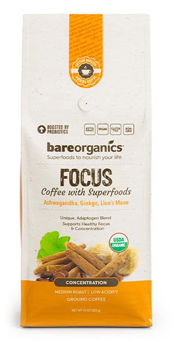 Focus Coffee with Superfoods - Organic Probiotic Mushroom Ground Bagged Coffee, Cinnamon, USDA Certified Organic - 10 oz