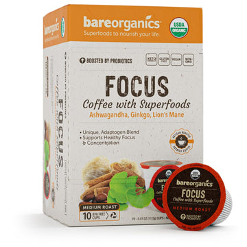 Focus Coffee with Superfoods - Organic Probiotic Mushroom Coffee Pods, Supports Healthy Focus & Digestion, Infused with Ashwagandha, Lion's Mane, and Cinnamon - 10 Recyclable Single Serve K-Cups