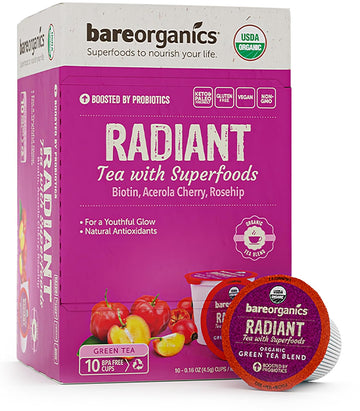 BareOrganics Radiant Tea withuperfoods & Probiotics | Compatible Tea Pods | USDA Certified Organic, Vegan, Non-GMO & Recyclable, 10ctingleerve Cups
