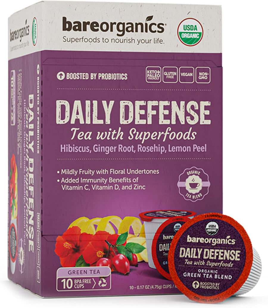 BareOrganics DAILY DEFENSE TEA (Organic) with superfoods and Probiotics, 10ct single serve Cups